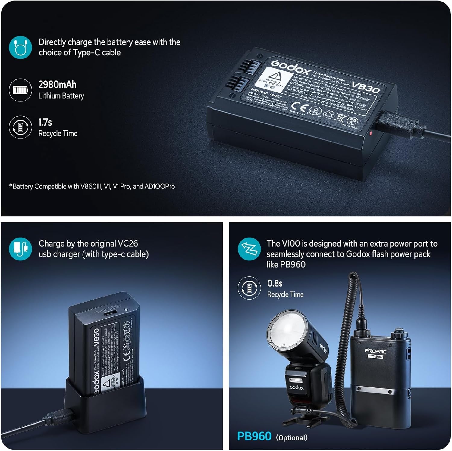 Godox V100-S V100 S round Head Flash Kompatibel Für Sony, 2.4G Wireless HSS 1/8000S V100S Strobe TTL Speedlight Mit Li-Ion Akku Abnehmbarer Sub Flash Support Type-C