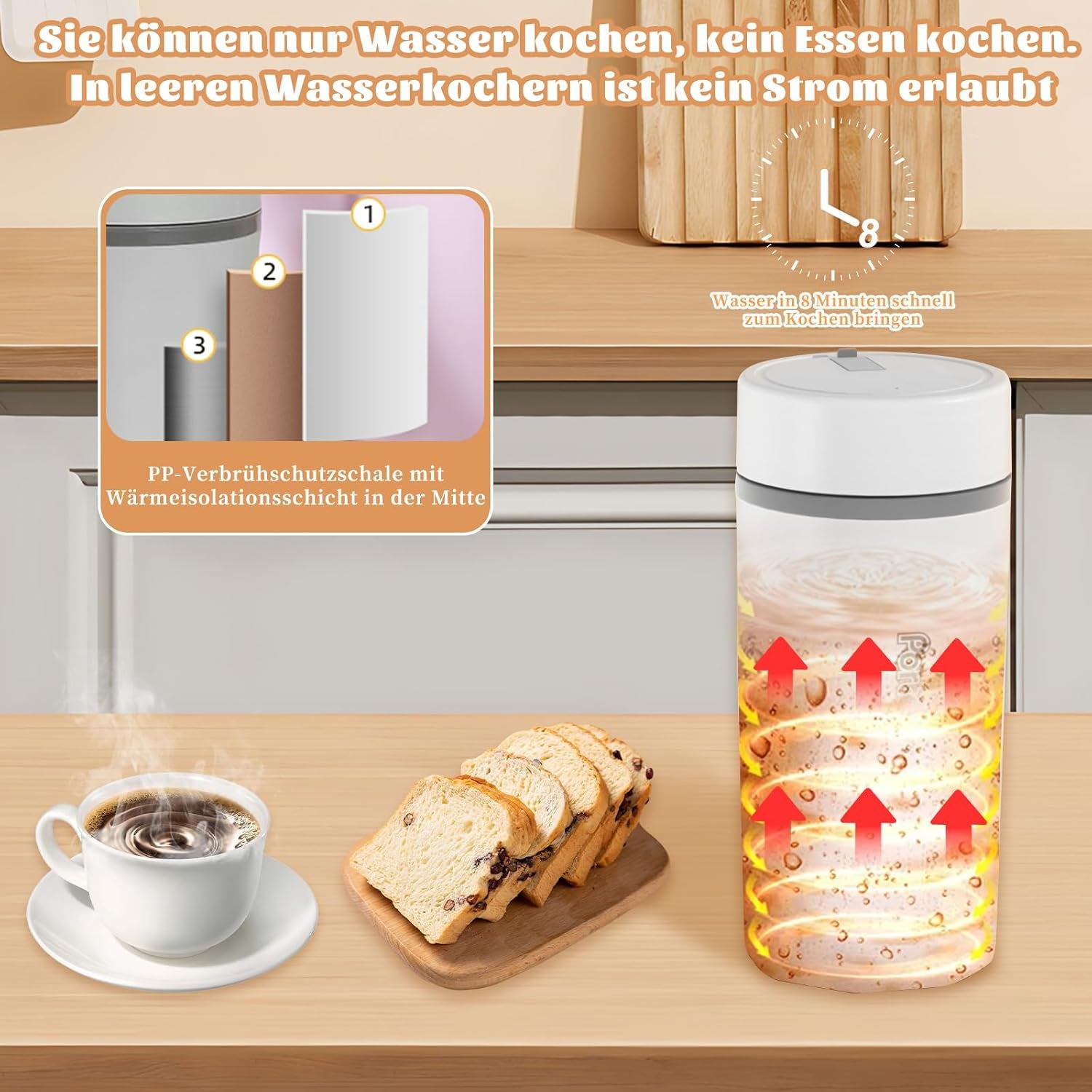 Elektrischer Reisewasserkocher Klein 500ML, Kleiner Wasserkocher Reise Schnelles Kochwasser Mini -Wasserkocher Tragbar 304 Edelstahl, Automatisches Schließen, for Tee, Kaffee, Babymilch,Elfenbeinweiß