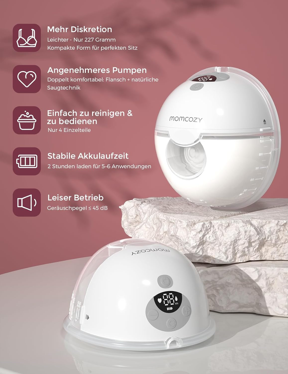 Momcozy Milchpumpe Elektrisch Tragbar Freihändig M5, Tragbare Doppelmilchpumpe Für Den Babymund, Doppelt Abgedichteter Flansch Mit 3 Modi Und 9 Stufen, Milchpumpe Elektrisch, 24 Mm (2, Rot)