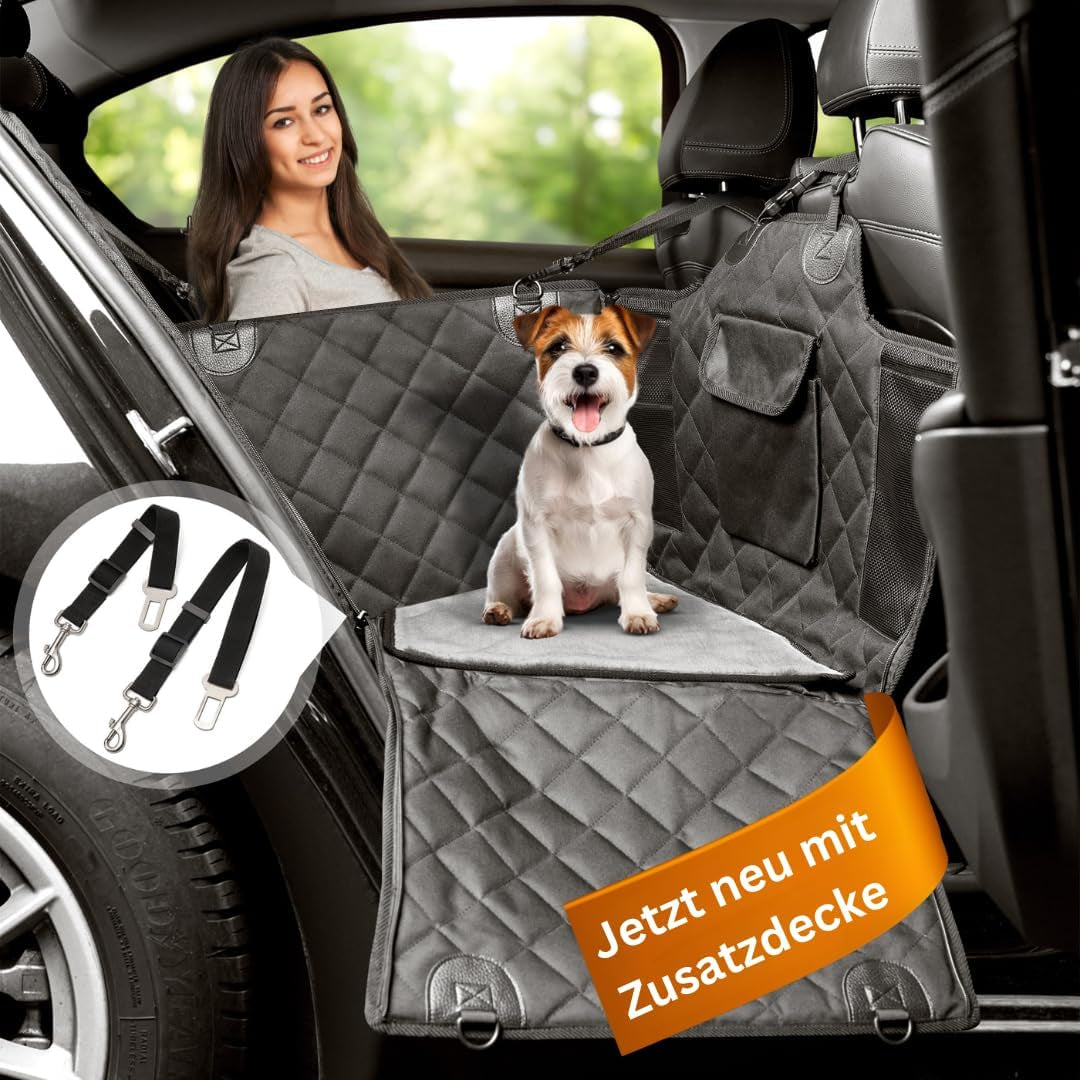 Hunde Autositz Für Rückbank Mit Flauschiger Zusatzdecke - Hundedecke Für Kleine, Mittlere Hunde - Sicherheitsgurte in 2 Versch. Längen - Wasserdicht & Robust