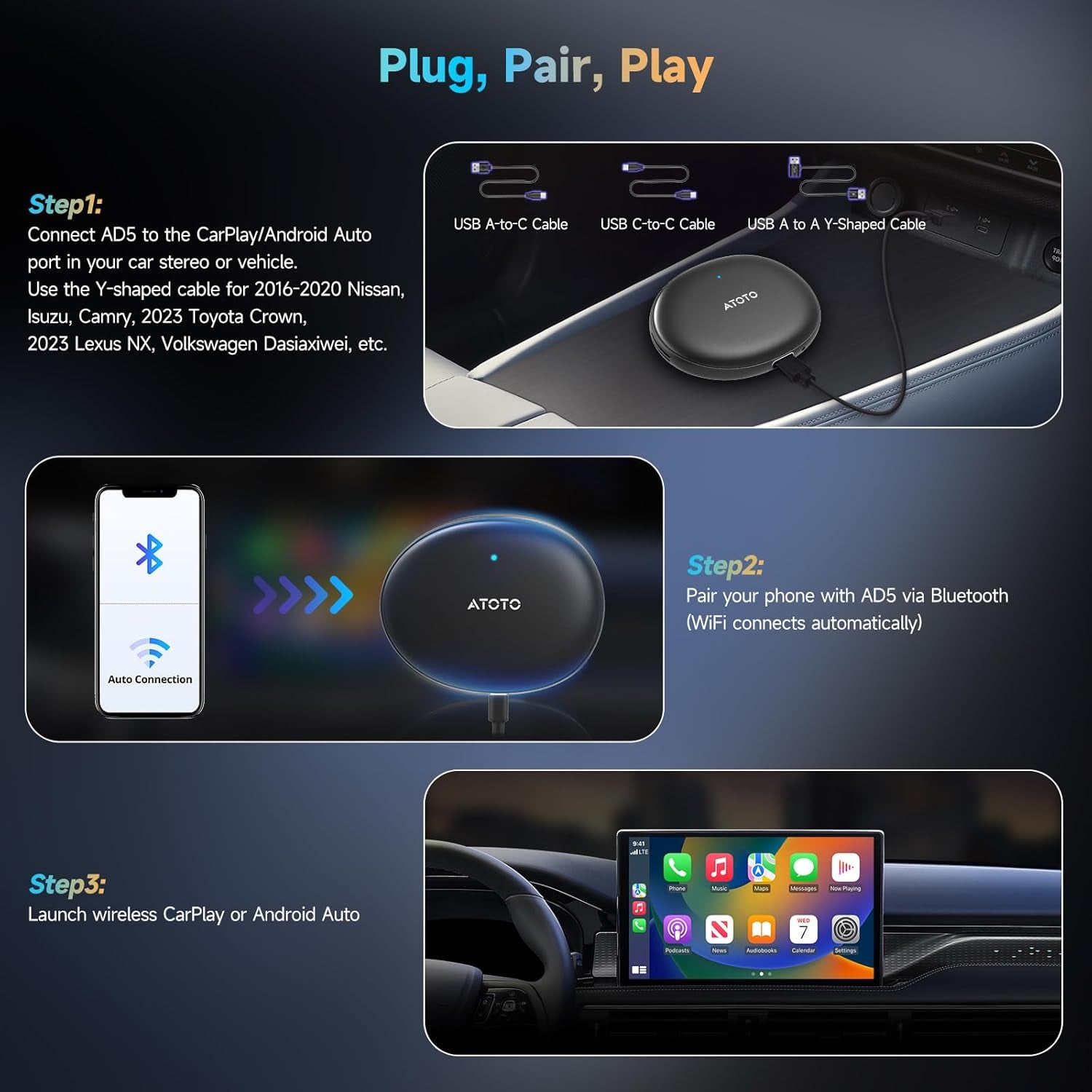 AD5 Wireless Carplay Adapter & Android Auto Adapter, Plug & Play Car Video Box, 2025 Upgrade Ai Box Carplay Dongle Mit Netflix, Youtube, Dual Wi-Fi, Bluetooth, Chatgpt, Grauschwarz