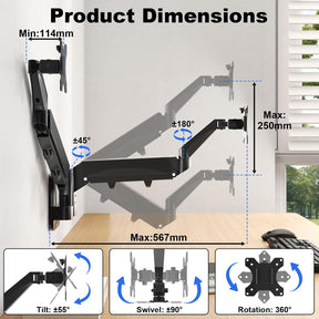Monitor Wandhalterung 2 Monitore Für 17-32 Zoll Bildschirm, Monitorhalterung 2 Monitore Wand Mit Höhenverstellbar Neigbar Schwenkbar, Unterstützung Monitor Bis Zu 9 KG Pro Arm, VESA 75X75/100X100
