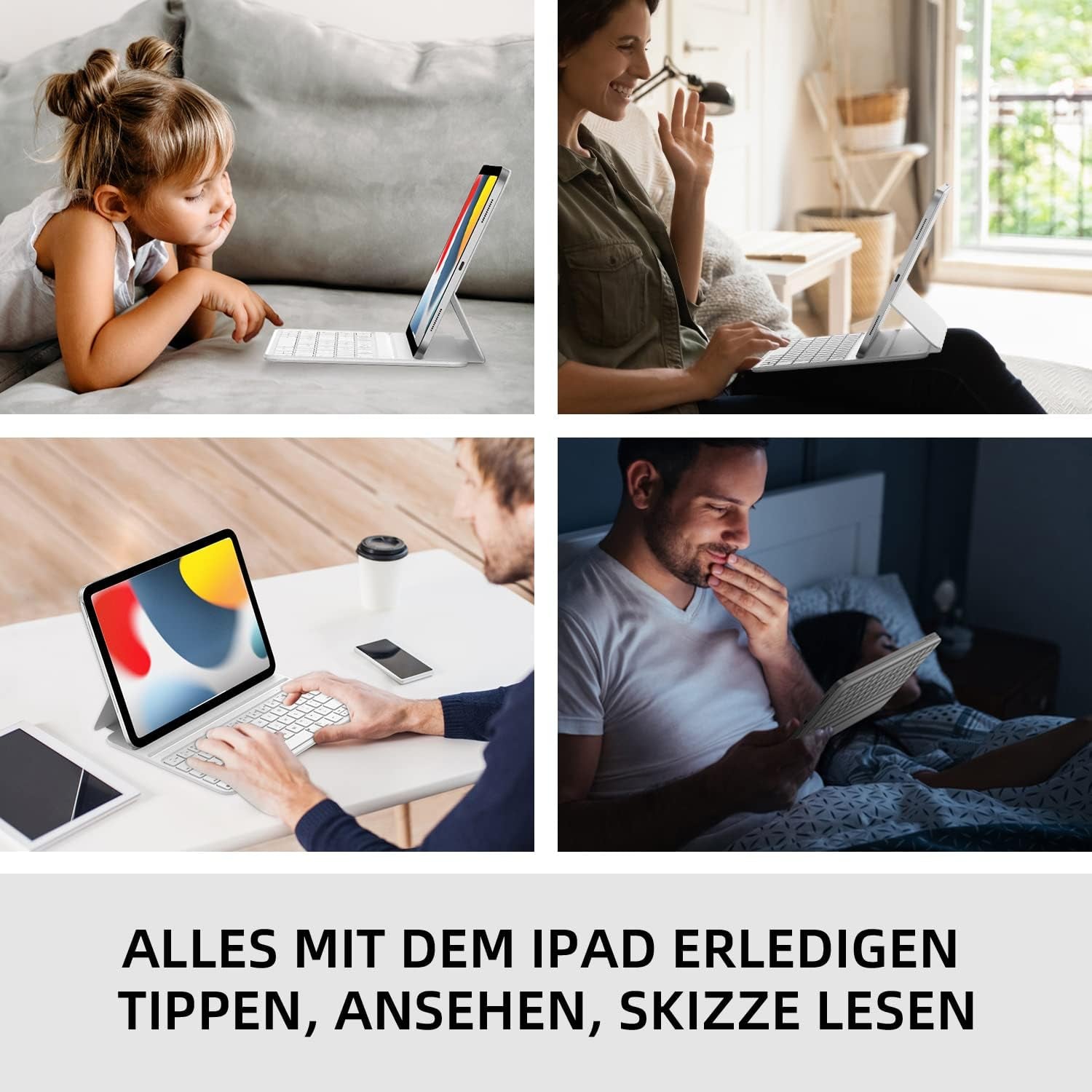 HOU Slim Bluetooth Tastatur Hülle Für Ipad 11. Generation 2025 (A16) & 10. Generation 2022, Kunstleder-Optik Hülle Mit Tastatur, Ergonomischer Winkel, QWERTZ, Weiß