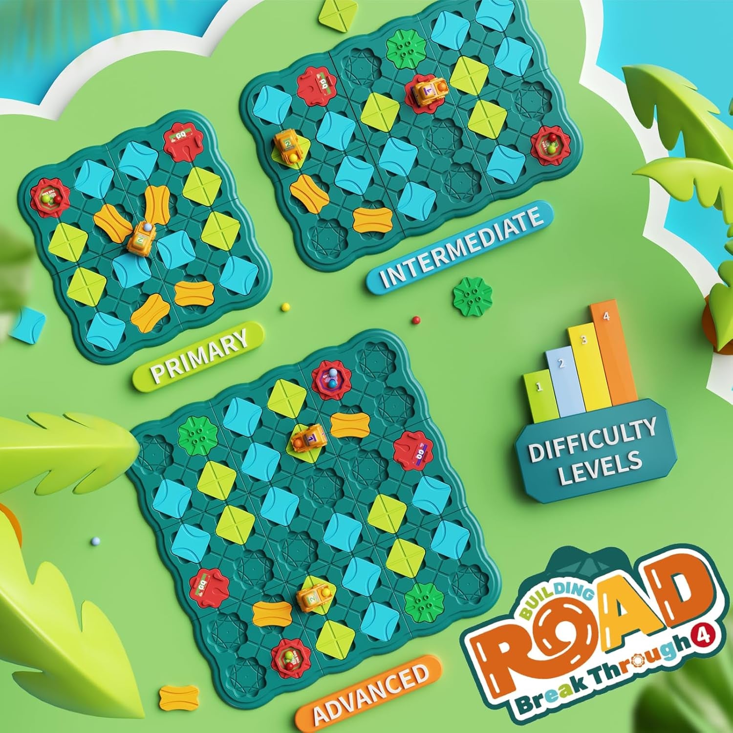 Burgkidz Logischer Straßenbauer Brettspiele Für Kinder 4 5 6 7 8 Jahre Jungen, 57 X 57 Cm Großes Brett Labyrinth Puzzle Logik Spiel Mit 3 Rückzugbagger, Geschenke Kinderspielzeug Für Alter 4-8