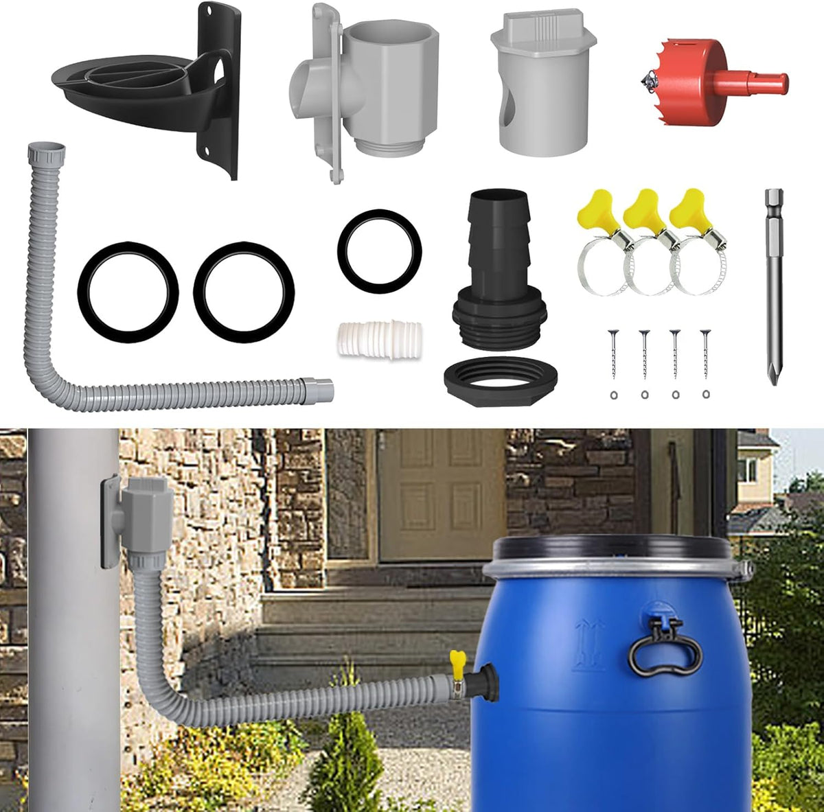 Regenwassersammler, 70-100Mm Fallrohr Regensammler Speedy, Regendieb Wasserfangsystem Mit 1M Schlauch, Regentonnen Anschluss Verbinder Set Mit Montagezubehör Für Dächer Bis 80 M²