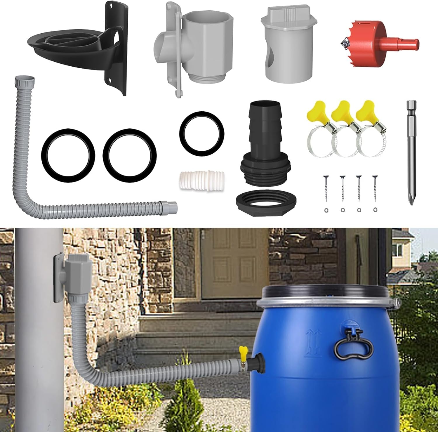 Regenwassersammler, 70-100Mm Fallrohr Regensammler Speedy, Regendieb Wasserfangsystem Mit 1M Schlauch, Regentonnen Anschluss Verbinder Set Mit Montagezubehör Für Dächer Bis 80 M²