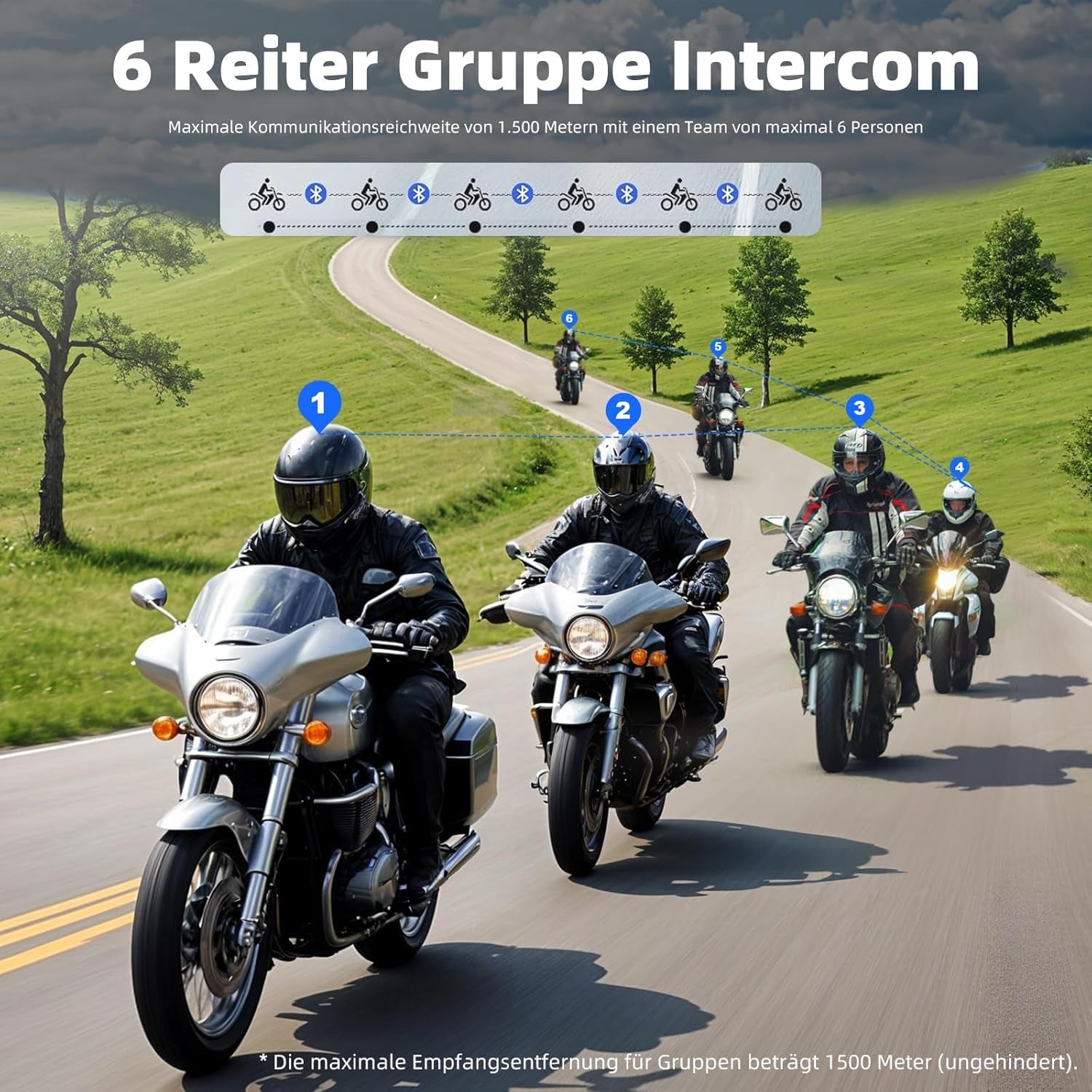 WAYXIN R16 Motorrad Bluetooth Headset –Motorradhelm -Intercom Mit Dual-Chip, Multi-Audio,Ip67 Wasserdicht, Musik Teilen & Fm-Radio, Für 6 Personen-Gruppe – Kompatibel Mit Anderen Marken