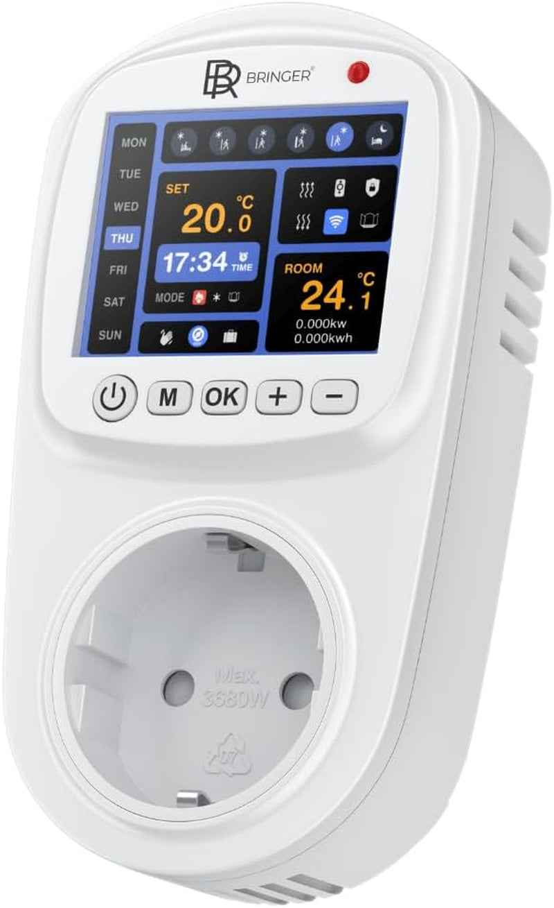 BR Bringer Smart Thermostat Steckdose – WLAN & App – Steckdosenthermostat Mit Verbrauchsanzeige, LED Farbdisplay, Wochenprogramm & Fenster-Offen-Erkennung - Kompatibel Mit Amazon Alexa, Google Home