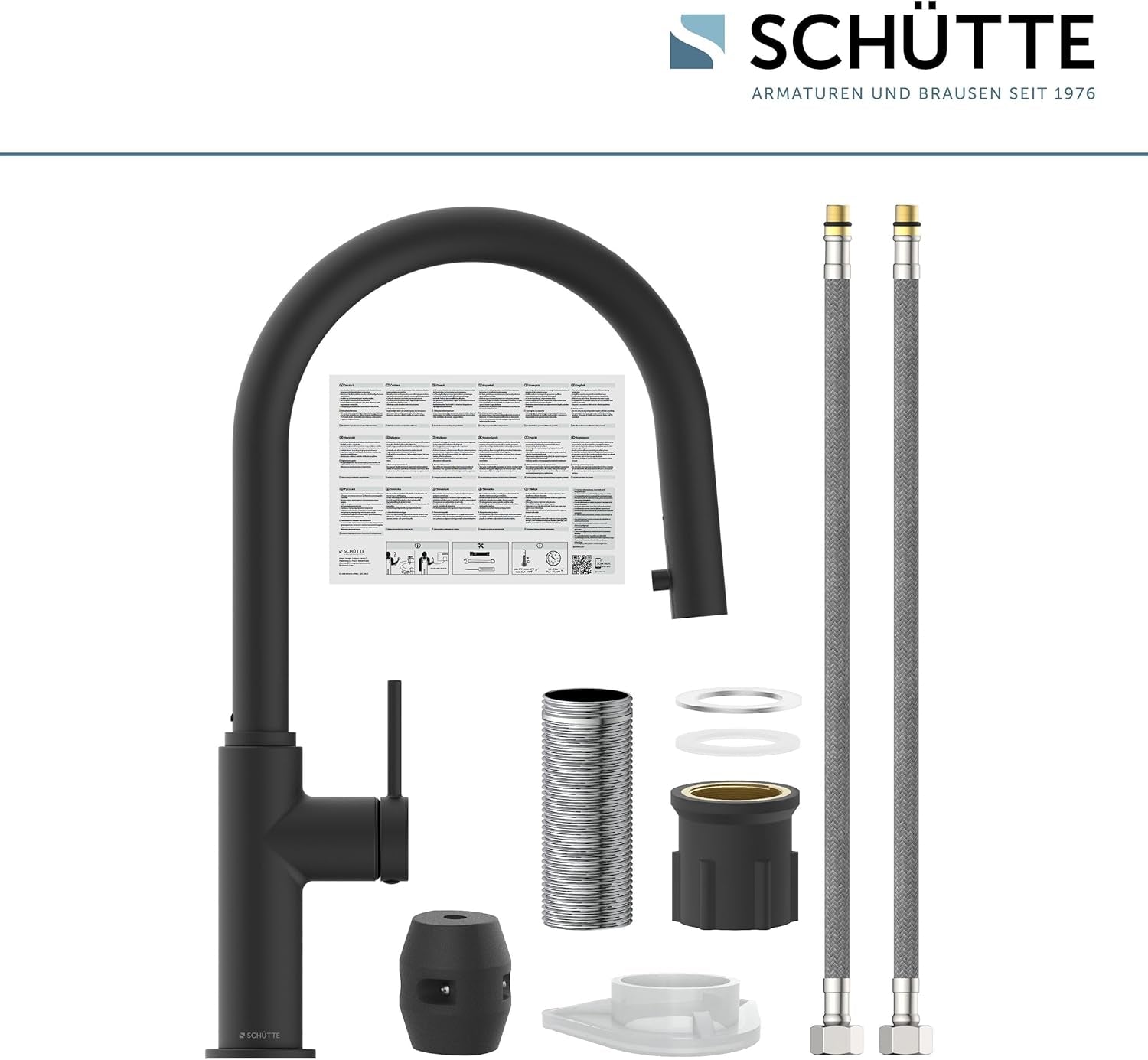 SCHÜTTE 79566 Blackpool Küchenarmatur Mit Ausziehbarer Geschirrbrause, 360 Grad Wasserhahn Für Die Küche, Mischbatterie Mit Einhebelmischer, Spültischarmatur Mit Brause Ausziehbar in Schwarz