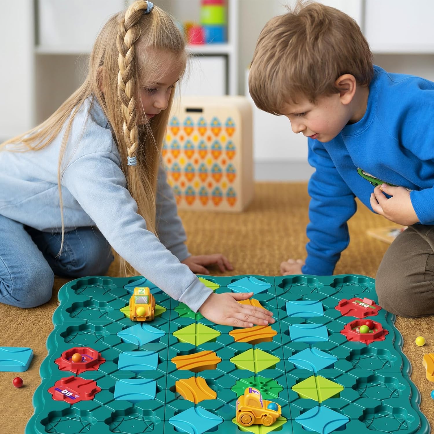 Burgkidz Logischer Straßenbauer Brettspiele Für Kinder 4 5 6 7 8 Jahre Jungen, 57 X 57 Cm Großes Brett Labyrinth Puzzle Logik Spiel Mit 3 Rückzugbagger, Geschenke Kinderspielzeug Für Alter 4-8