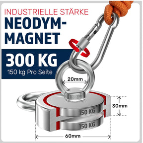 Magnetfischen Set - 150 KG - Ø60Mm - Neodym Magnet Mit 2 Seilen, Greifhaken & Handschuhe - Magnet Fischen Angel - Ösenmagnet - Fishing Magnetangel - Magnetangeln Set