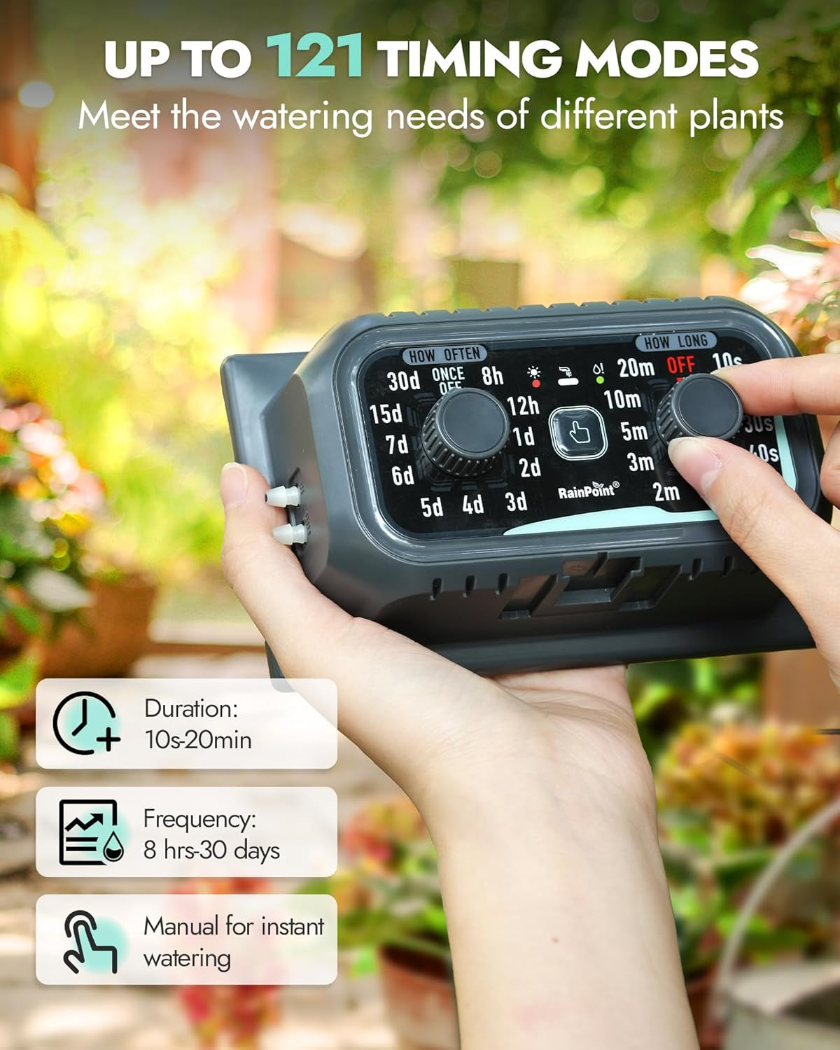 RAINPOINT Solar Bewässerungssystem, Automatische Bewässerungssystem Mit 121 Timer Modi, Solar Bewässerung Outdoor Für Topfpflanzen, Balkon,Garten, Gewächshaus, 2000 Mah Akku, 45L/H