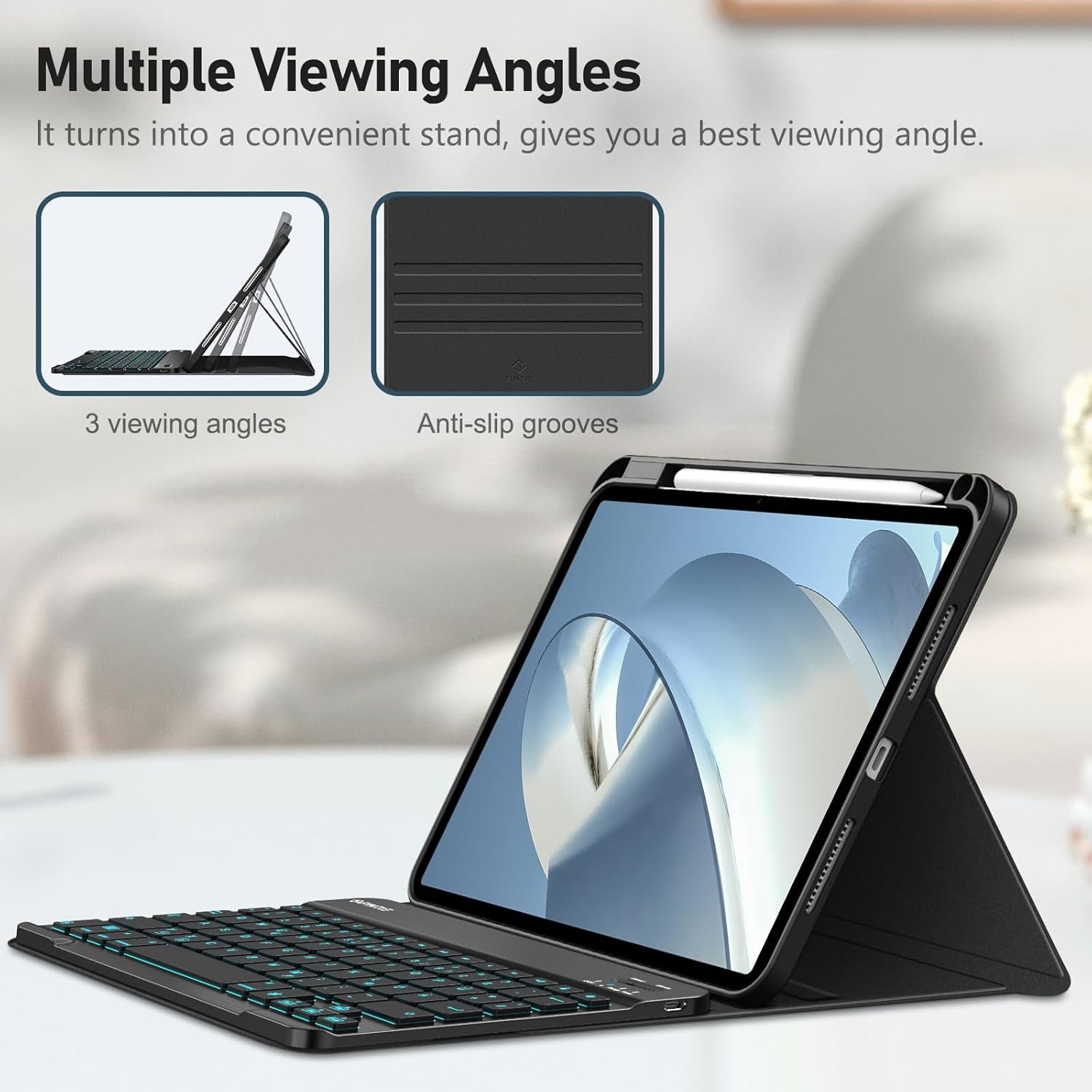 FINTIE Für Ipad Pro 11 Zoll M4 (2024) Hülle Mit Tastatur - Soft TPU Rückseite Schutzhülle Mit Stifthalter, Magnetisch Abnehmbarer QWERTZ Keyboard, 7-Farbige Beleuchtung, Schwarz