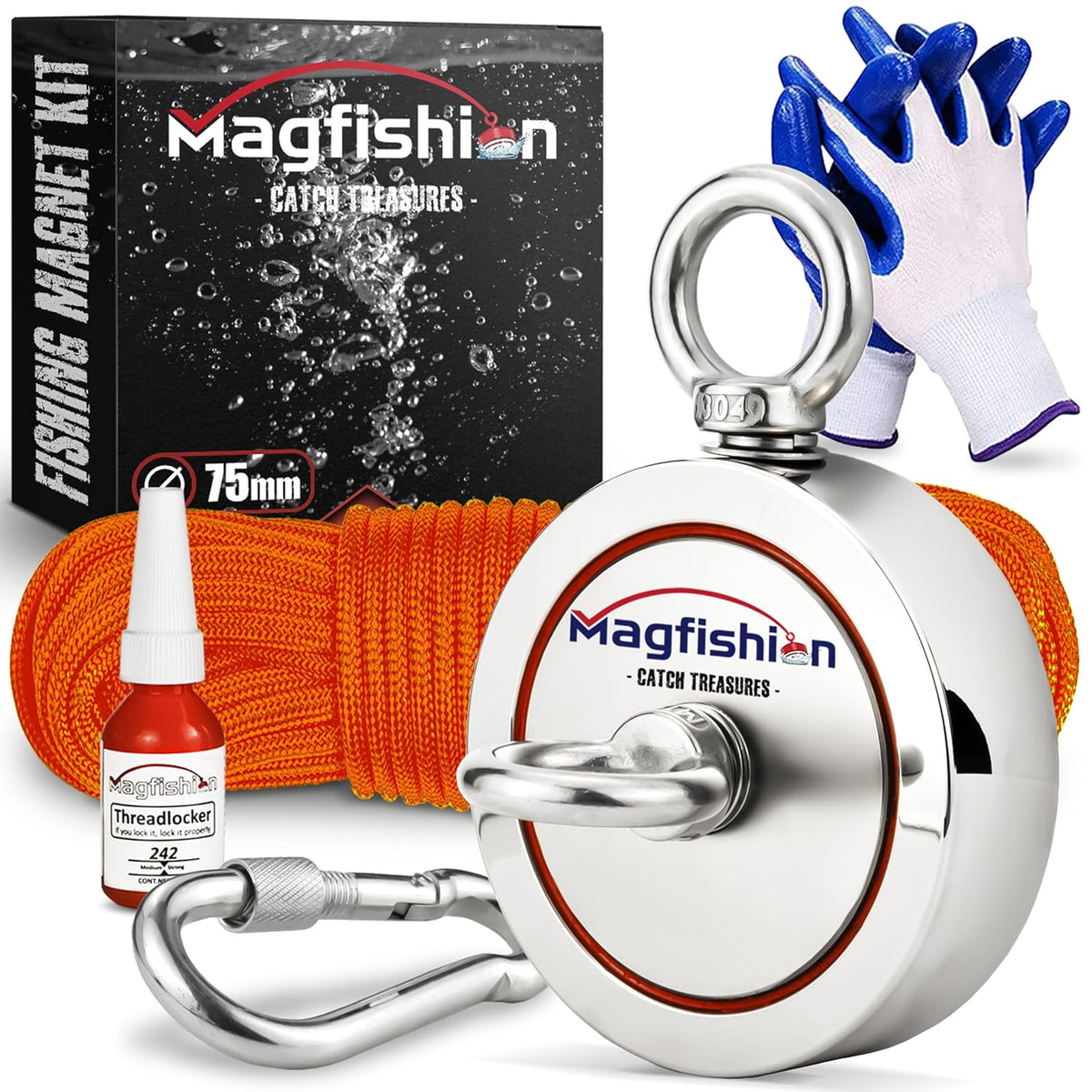Magnetfischen Set - 250 KG - Ø75Mm - Neodym Magnet Mit Seil (20M) & Handschuhe - Magnet Fischen Angel - Ösenmagnet - Fishing Magnetangel - Magnetangeln Set
