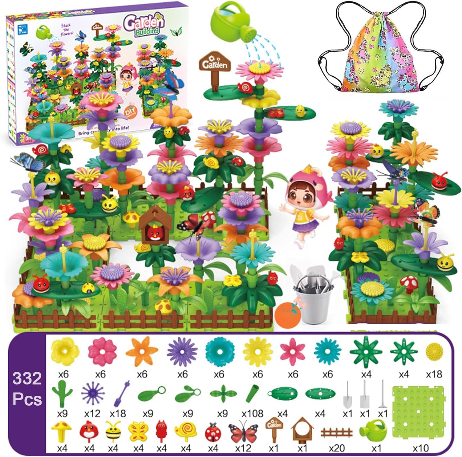 Cyiecw 332 PCS Blumengarten Spielzeug Ab 4 Jahre Mädchen,Kinder Blumen Bausteine,Diy Bouquet Sets Mit Aufbewahrungstasche,Garten Spielzeug Für Kinder Kunst Blumenarrangement Geschenk