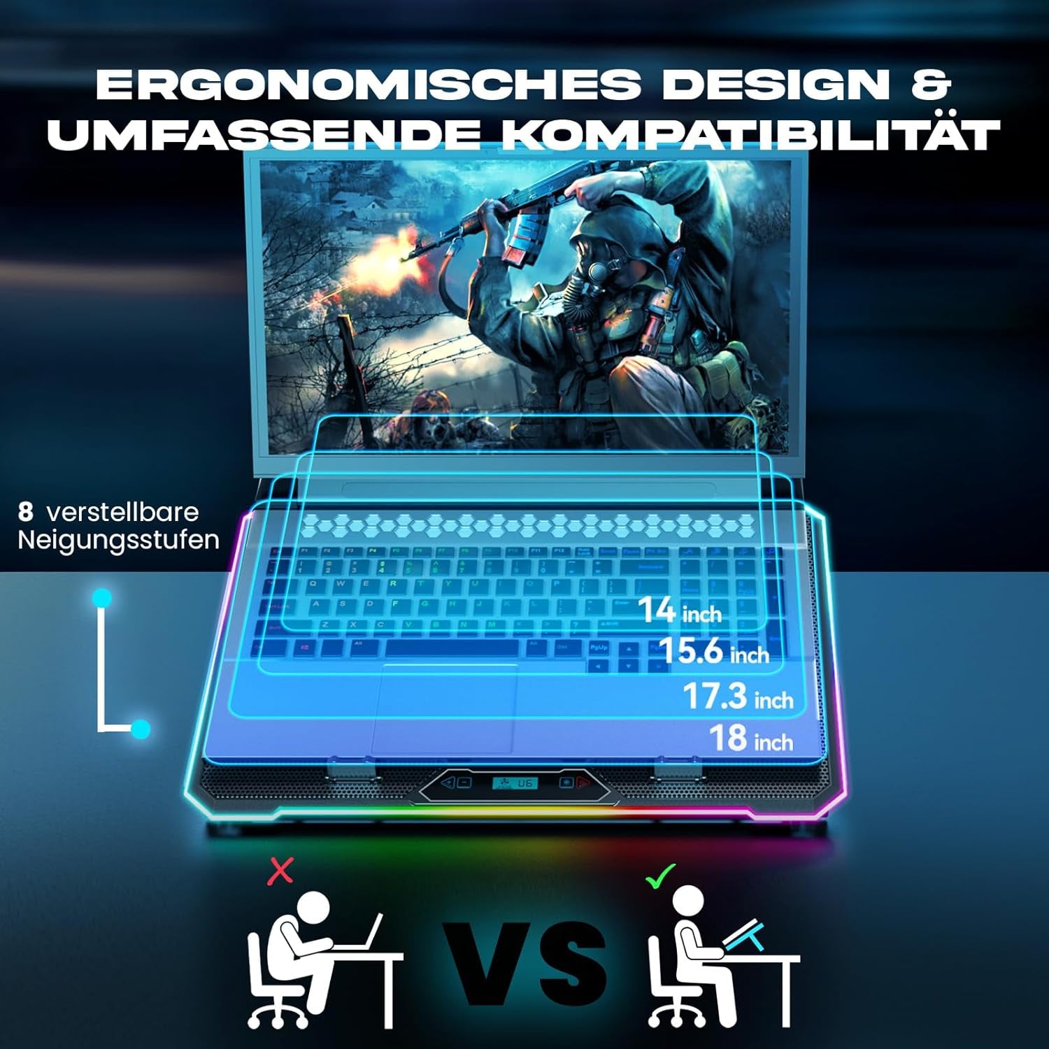 KLIM V15 Gaming Laptop Cooling Pad Mit 15 Lüftern + Kühler + Stabiler RGB Ständer + Kompatibel Bis 17" + 2 USB Ports + Handyhalterung + 5 Jahre Schutz