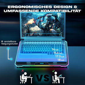 KLIM V15 Gaming Laptop Cooling Pad Mit 15 Lüftern + Kühler + Stabiler RGB Ständer + Kompatibel Bis 17" + 2 USB Ports + Handyhalterung + 5 Jahre Schutz