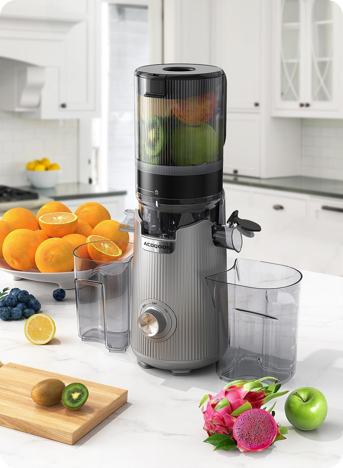 ACOQOOS Entsafter, Entsafter Für Ganze Gemüse Und Obst, 135 Mm Breite Und Größere Fütterungsröhre, 1,8 L Füllvolumen, Leicht Zu Reinigender Slow Juicer Mit 2 Gläsern, Elektrische Saftpresse Silbrig