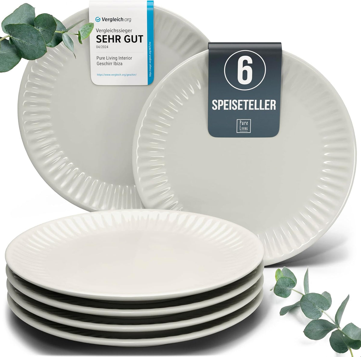 PURE LIVING INTERIOR DESIGN 6X Steingut Teller Groß Hygge Serie - Speiseteller Spülmaschinen-, Mikrowellen-, Kratzfest - Geschirrset 6 Personen, Essteller - Elegantes Gerilltes Geschirr in Beige