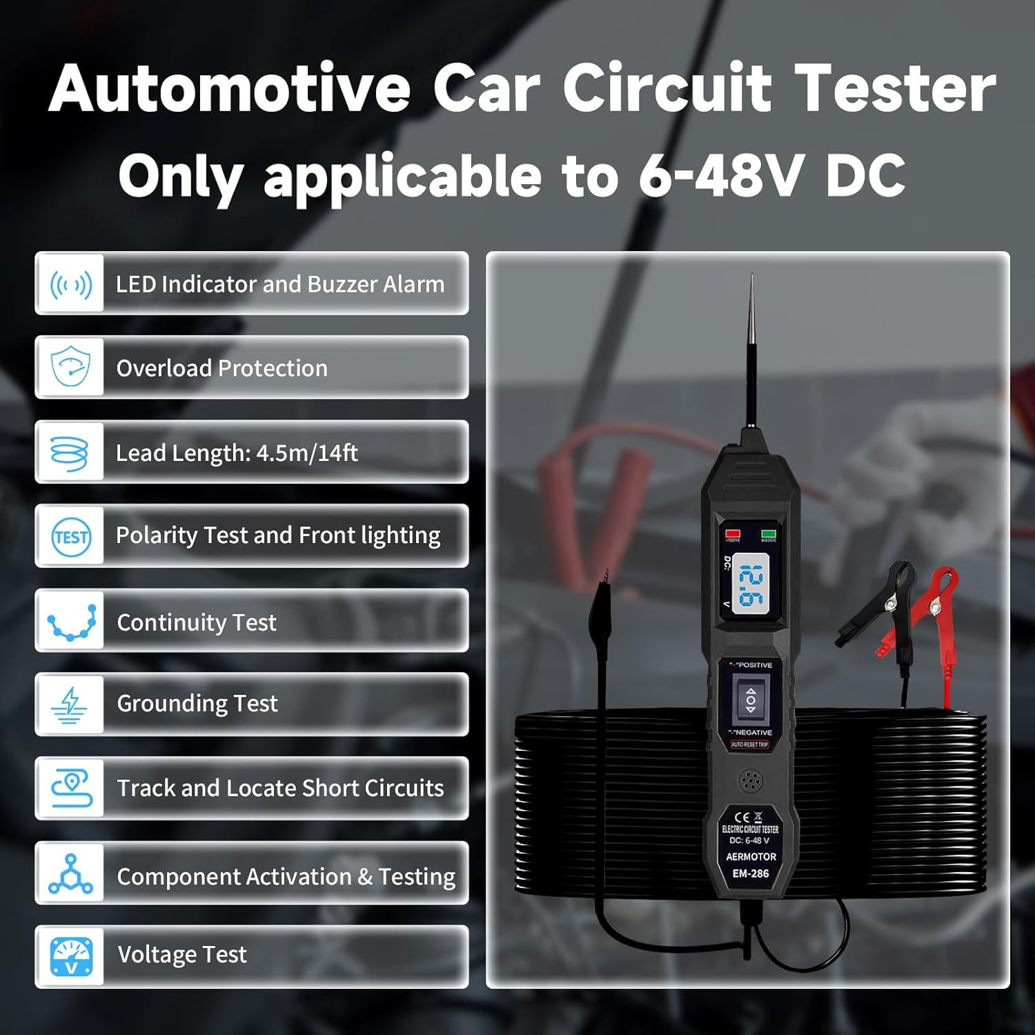 Spannungsprüfer Stift, Kfz Digital-Spannungsprüfer 6-48V DC Auto Circuit Tester Digital Mit Hintergrundbeleuchtung Durchgangsprüfer, Polaritätstest Leerlauftest Diodentest Erdungstest, Leistungsmesser