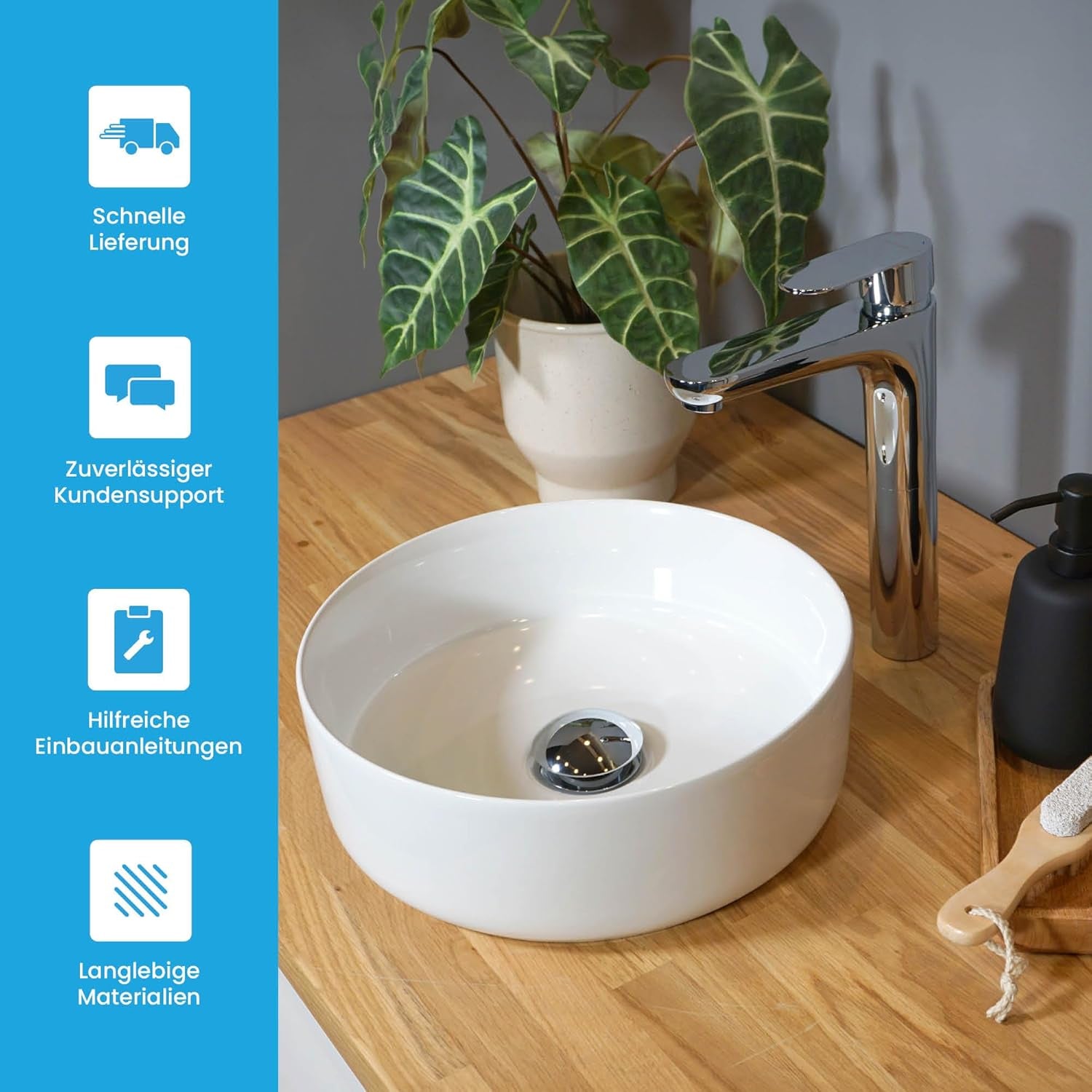 Bächlein Aufsatzwaschbecken Tamula (Rund) - Keramik Waschbecken Ø 31,5 Cm - Moderne Design Waschschale Für Badezimmer Und WC - Hochwertiges Handwaschbecken in Weiß