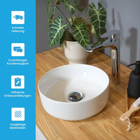 Bächlein Aufsatzwaschbecken Tamula (Rund) - Keramik Waschbecken Ø 31,5 Cm - Moderne Design Waschschale Für Badezimmer Und WC - Hochwertiges Handwaschbecken in Weiß