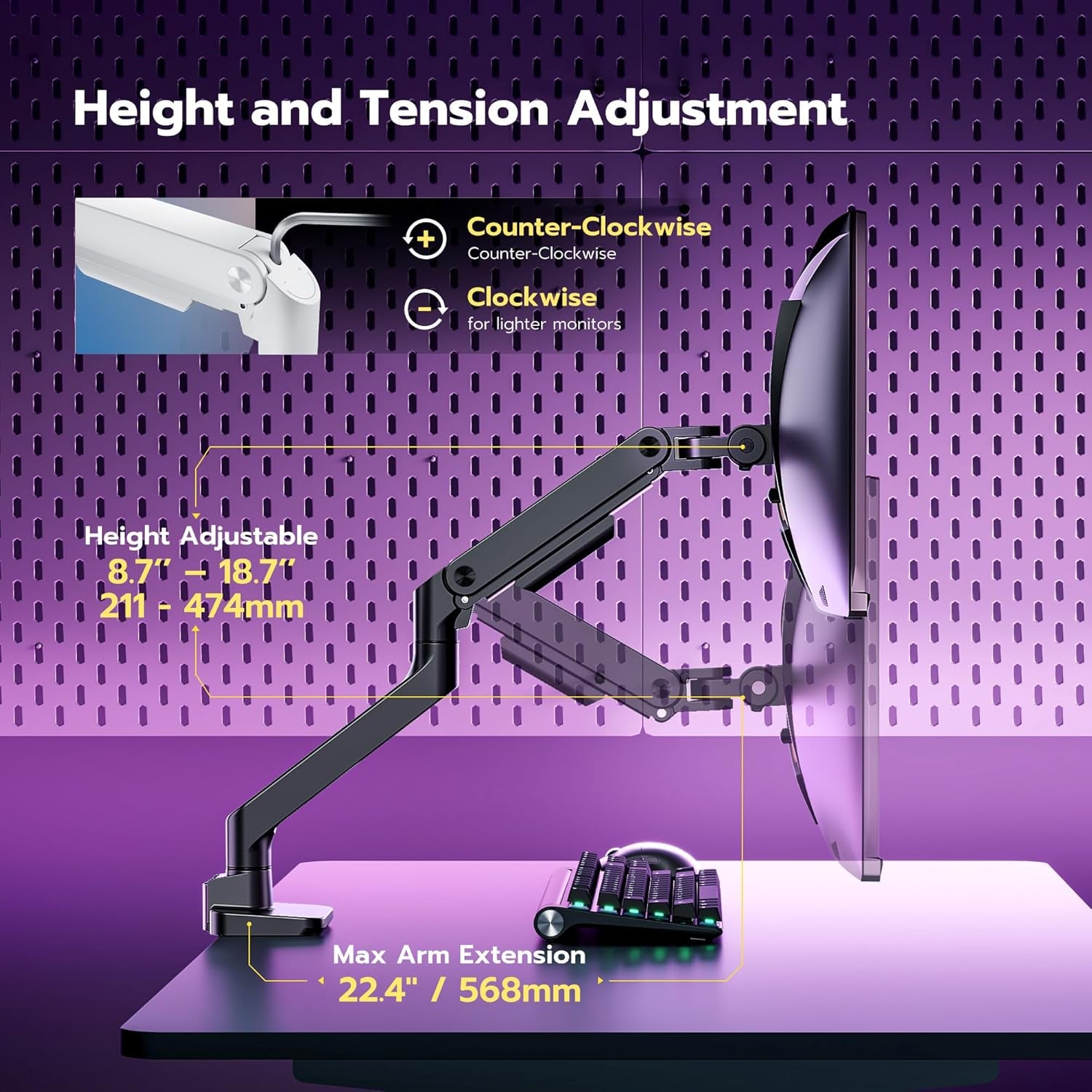 ARES WING Monitor Halterung Für 17 Bis 49 Zoll Bildschirme, Monitor Arm Mit Gasfeder, Verstellbarer Monitorständer Für 20Kg Computer Bildschirme, Monitorhalterung VESA 75/100 Mm,Schwarz