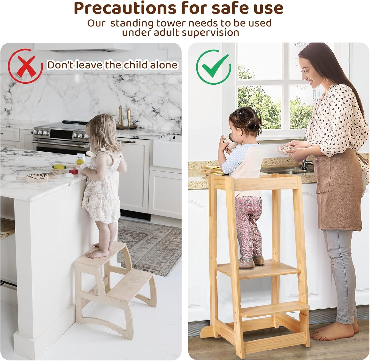 Lernturm Ab 1 Jahr | Höhenverstellbarer Kleinkinderturm Mit 3 Stufen & Sicherheitsgeländer | Für Küche, Badezimmer & Waschbecken | Rutschfester Tritthocker Für Kinder 18-36 Monate (Natural)