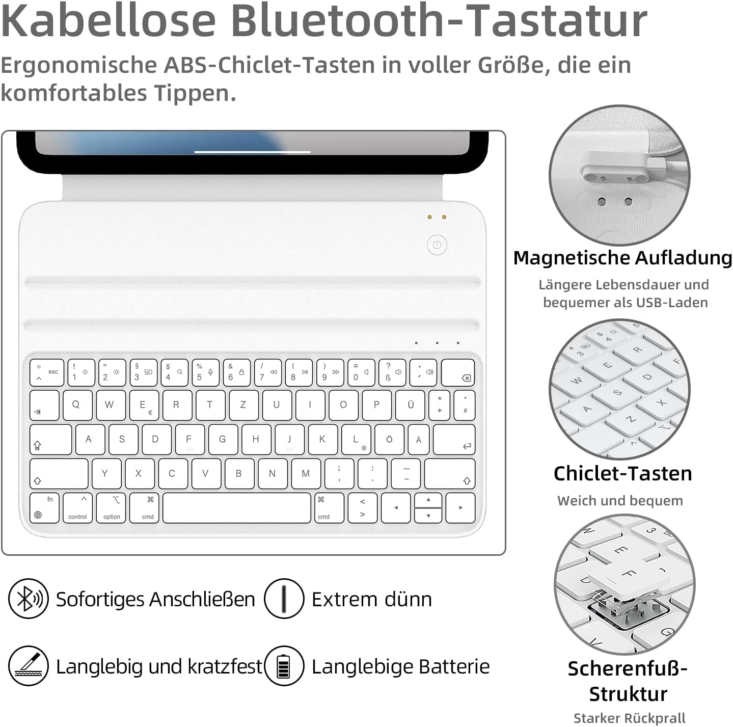 HOU Slim Bluetooth Tastatur Hülle Für Ipad 11. Generation 2025 (A16) & 10. Generation 2022, Kunstleder-Optik Hülle Mit Tastatur, Ergonomischer Winkel, QWERTZ, Weiß