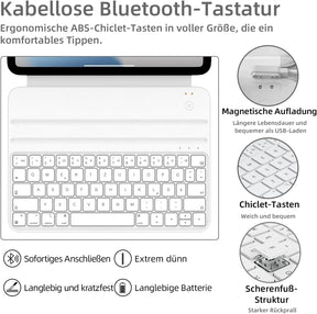 HOU Slim Bluetooth Tastatur Hülle Für Ipad 11. Generation 2025 (A16) & 10. Generation 2022, Kunstleder-Optik Hülle Mit Tastatur, Ergonomischer Winkel, QWERTZ, Weiß
