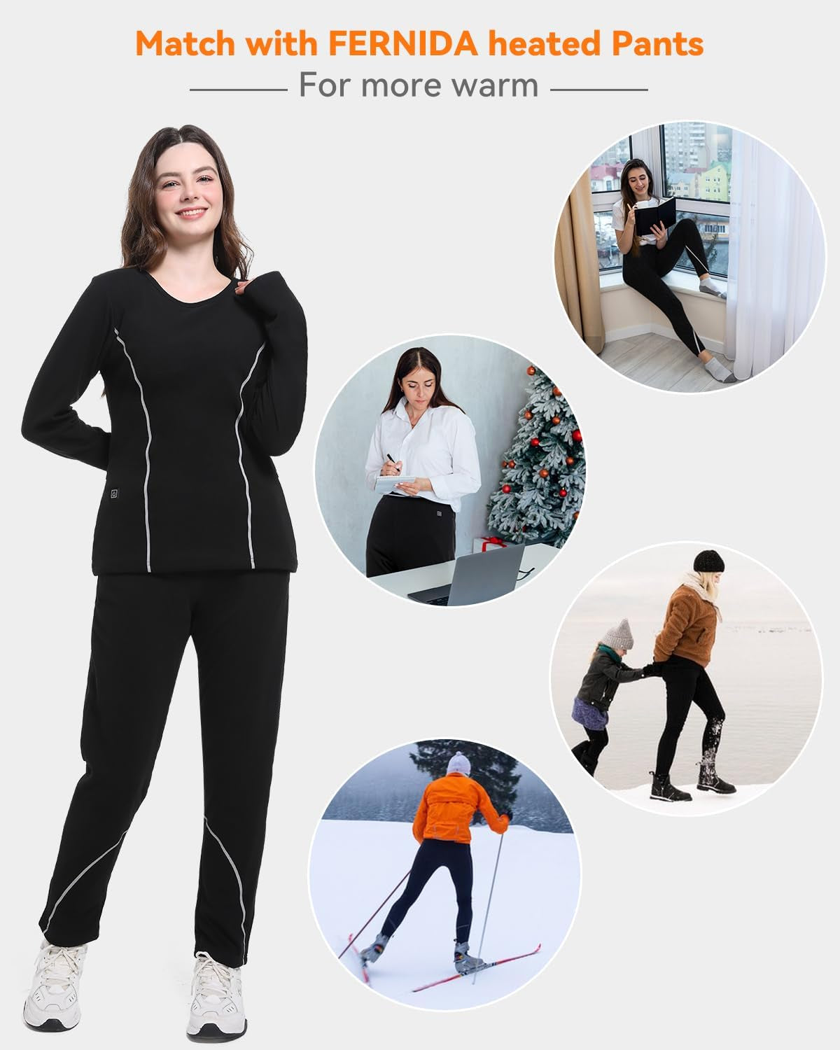 FERNIDA Damen Beheizte Hose, Thermounterwäsche Heizhose Thermo Leggings Mit Power Bank, Damen Beheizte Baselayer Hose,8 Heizkissen