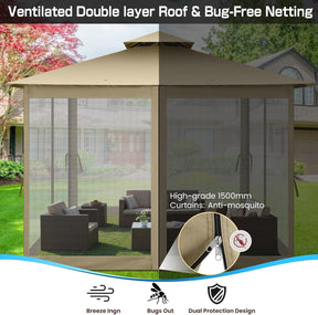 HOTEEL Pavillon 3X3 Wasserdicht Stabil, Gartenpavillon Mit Moskitonetz Und Doppeldach, Einfaches Einrichten Metall Pavillon Stabiler Als EIN Faltpavillon, Uv-Schutz 50+, Khaki