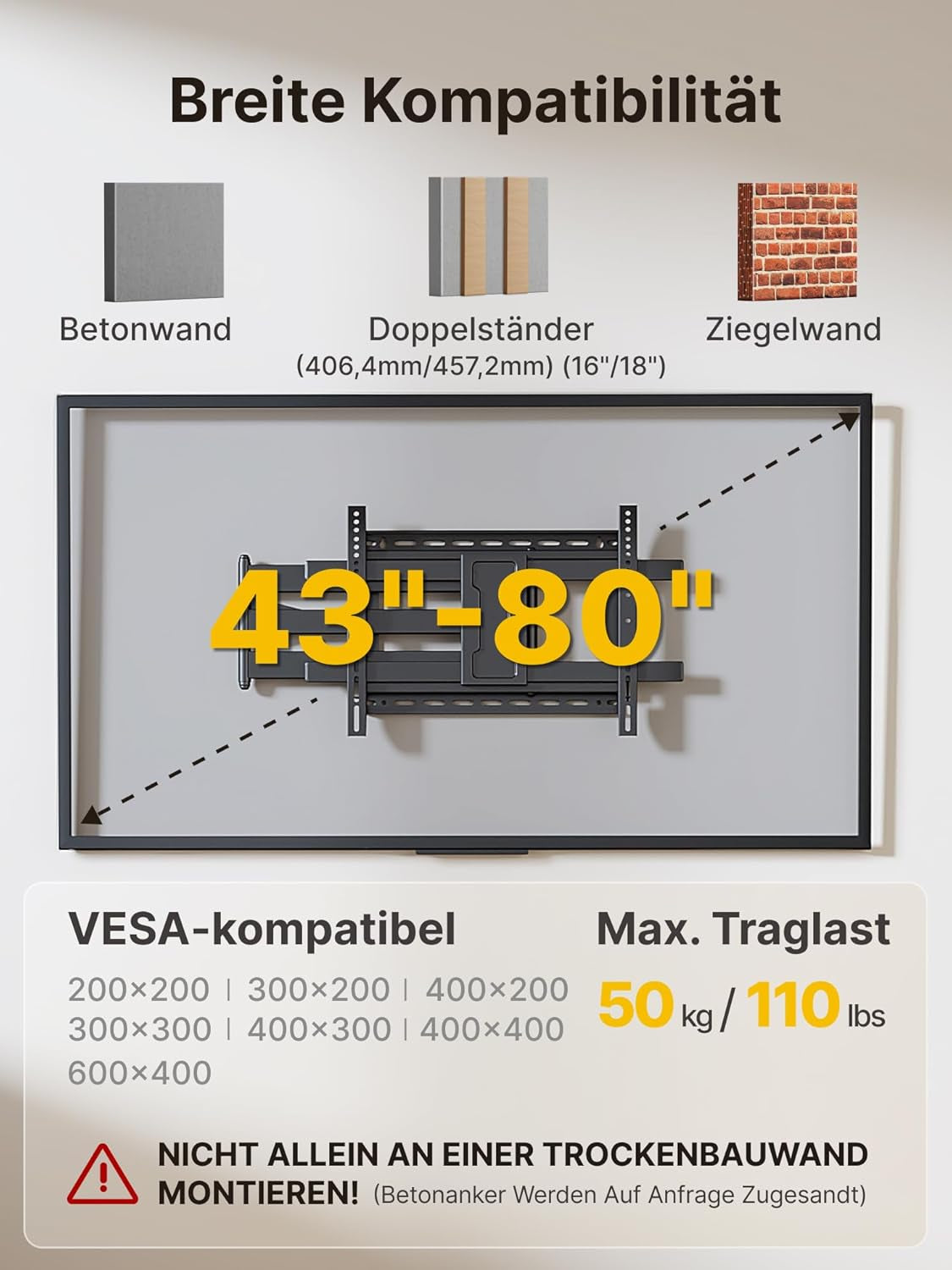 Montek Langarm-Tv-Wandhalterung Für Die Meisten 43-80-Zoll-Fernseher, Ausziehbare 42-Zoll-Tv-Wandhalterung, Schwenk- Und Neigbar, Passend Für Max. VESA 600 X 400 Mm, Bis Zu 50 Kg