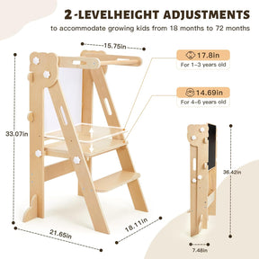 Labebe Klappbar Lernturm Für Kinder, Montessori Learning Tower Mit Zweiseitige Tafel, 3 in 1 Einstellbare Höhe Und Breite Lerntower, Multifunktion Lernturm Ab 1 Jahr Für Küche（Holz）