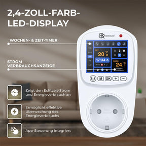 BR Bringer Smart Thermostat Steckdose – WLAN & App – Steckdosenthermostat Mit Verbrauchsanzeige, LED Farbdisplay, Wochenprogramm & Fenster-Offen-Erkennung - Kompatibel Mit Amazon Alexa, Google Home