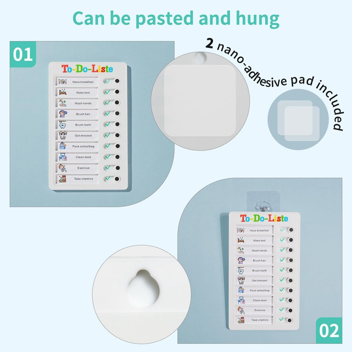 Checklist Board, Stick-On Task List, Reusable Memo Board for Children, Task Planner Children, Task List for Children (To-Do-Liste-2Pcs)