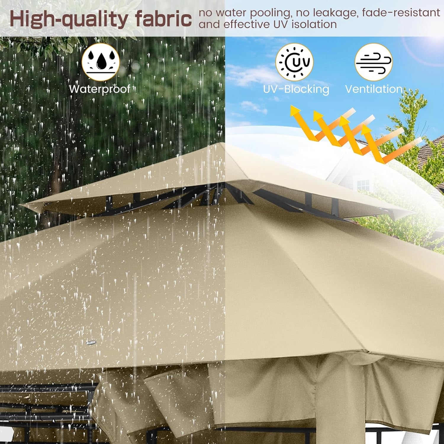 HOTEEL Pavillon 3X3 Wasserdicht Stabil, Gartenpavillon Mit Moskitonetz Und Doppeldach, Einfaches Einrichten Metall Pavillon Stabiler Als EIN Faltpavillon, Uv-Schutz 50+, Khaki