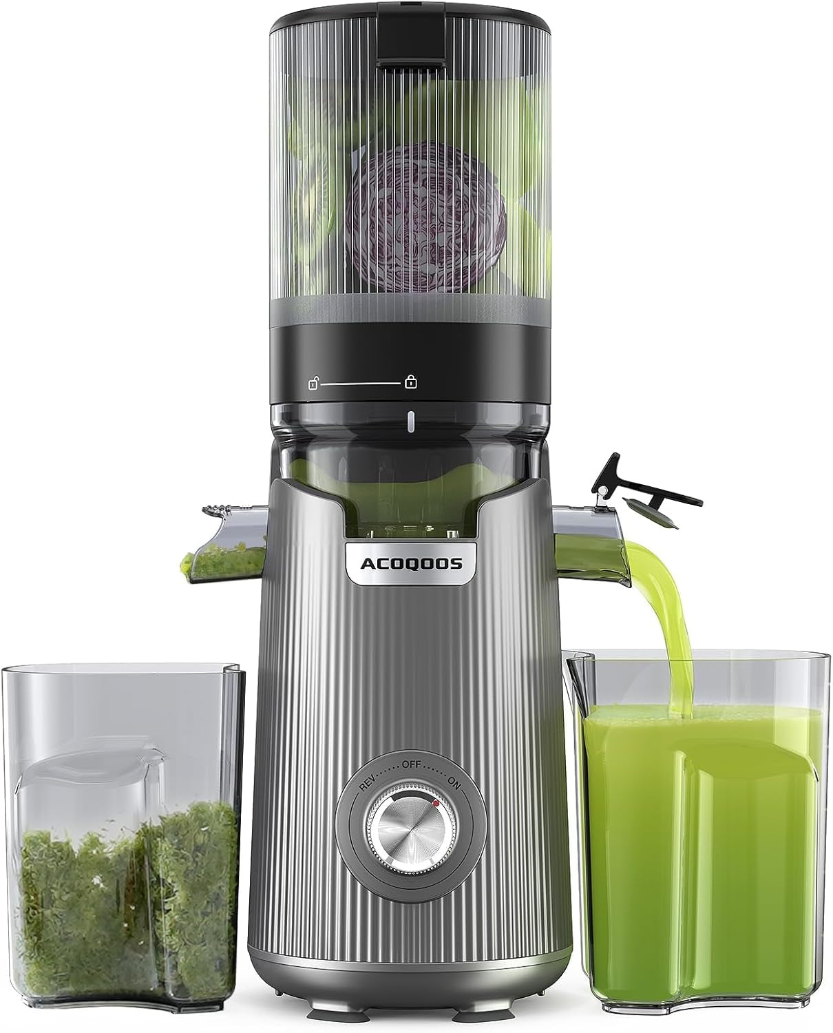 ACOQOOS Entsafter, Entsafter Für Ganze Gemüse Und Obst, 135 Mm Breite Und Größere Fütterungsröhre, 1,8 L Füllvolumen, Leicht Zu Reinigender Slow Juicer Mit 2 Gläsern, Elektrische Saftpresse Silbrig
