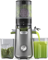 ACOQOOS Entsafter, Entsafter Für Ganze Gemüse Und Obst, 135 Mm Breite Und Größere Fütterungsröhre, 1,8 L Füllvolumen, Leicht Zu Reinigender Slow Juicer Mit 2 Gläsern, Elektrische Saftpresse Silbrig