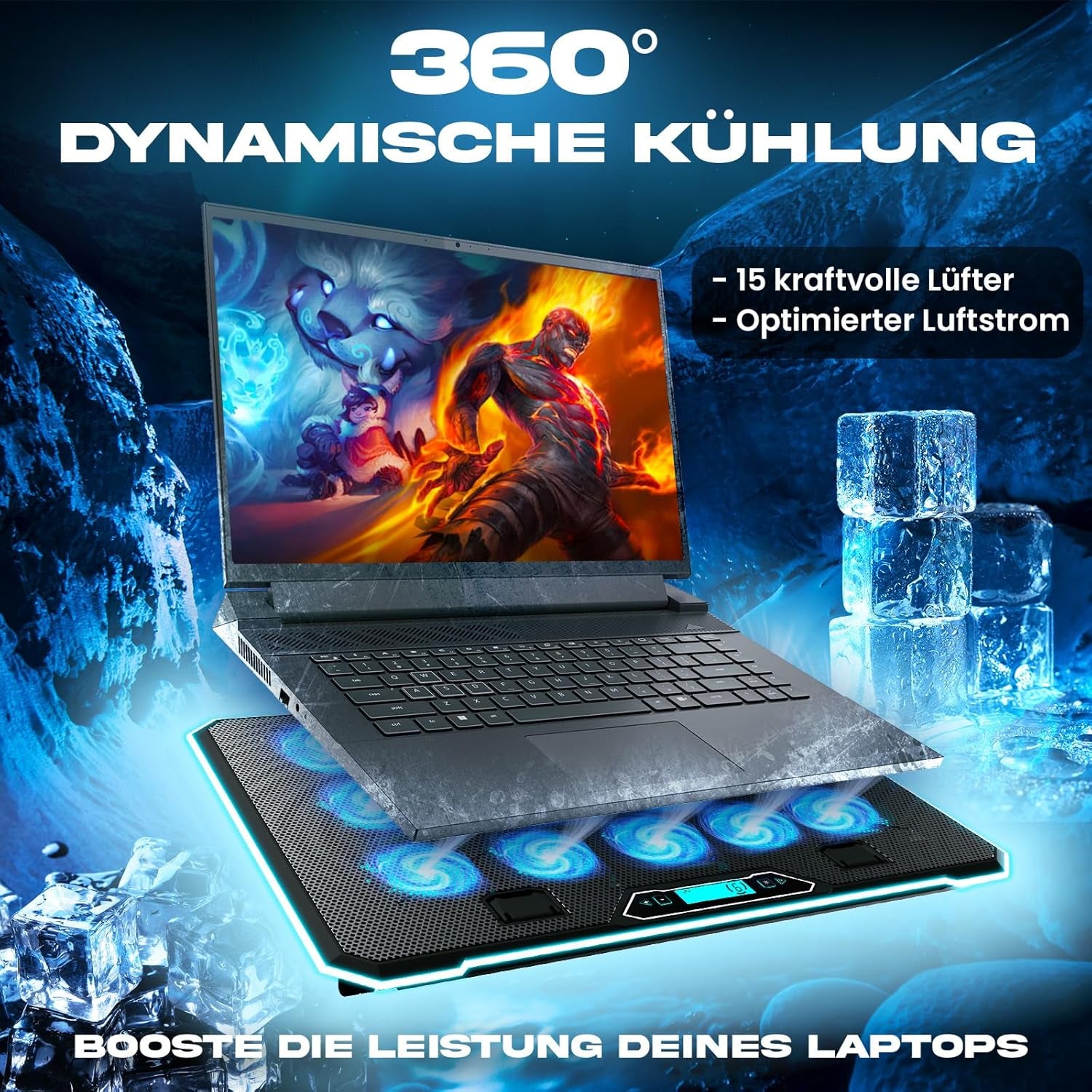 KLIM V15 Gaming Laptop Cooling Pad Mit 15 Lüftern + Kühler + Stabiler RGB Ständer + Kompatibel Bis 17" + 2 USB Ports + Handyhalterung + 5 Jahre Schutz