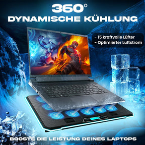 KLIM V15 Gaming Laptop Cooling Pad Mit 15 Lüftern + Kühler + Stabiler RGB Ständer + Kompatibel Bis 17" + 2 USB Ports + Handyhalterung + 5 Jahre Schutz