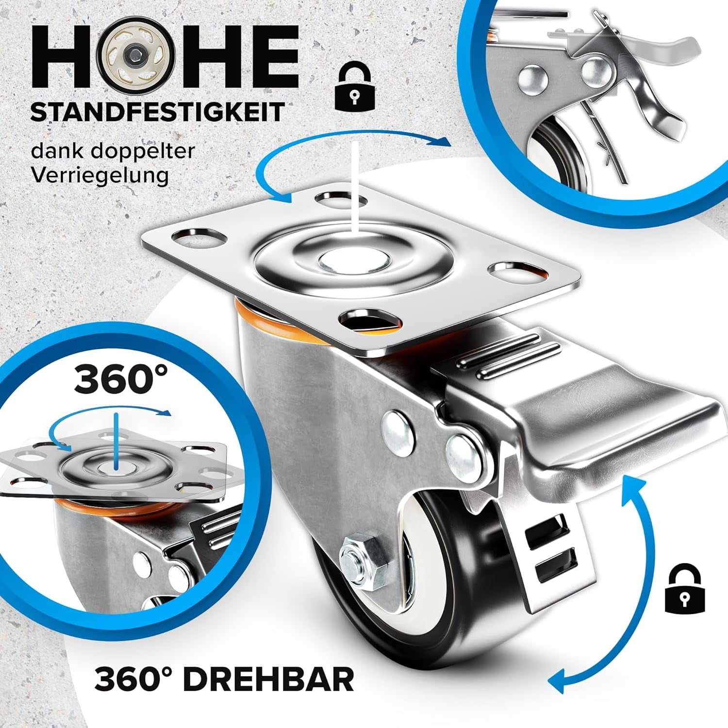 PEARWAY™ Premium Schwerlastrollen Bis 320Kg [4X Bremse] I Robuste Möbelrollen I Rollen Für Möbel I Lenkrollen 50Mm Für Innen & Außen I Transportrollen Schwerlast I Rollen Schwerlast I Möbel Rollen