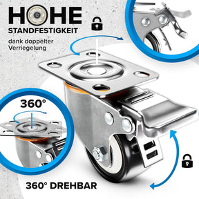 PEARWAY™ Premium Schwerlastrollen Bis 320Kg [4X Bremse] I Robuste Möbelrollen I Rollen Für Möbel I Lenkrollen 50Mm Für Innen & Außen I Transportrollen Schwerlast I Rollen Schwerlast I Möbel Rollen