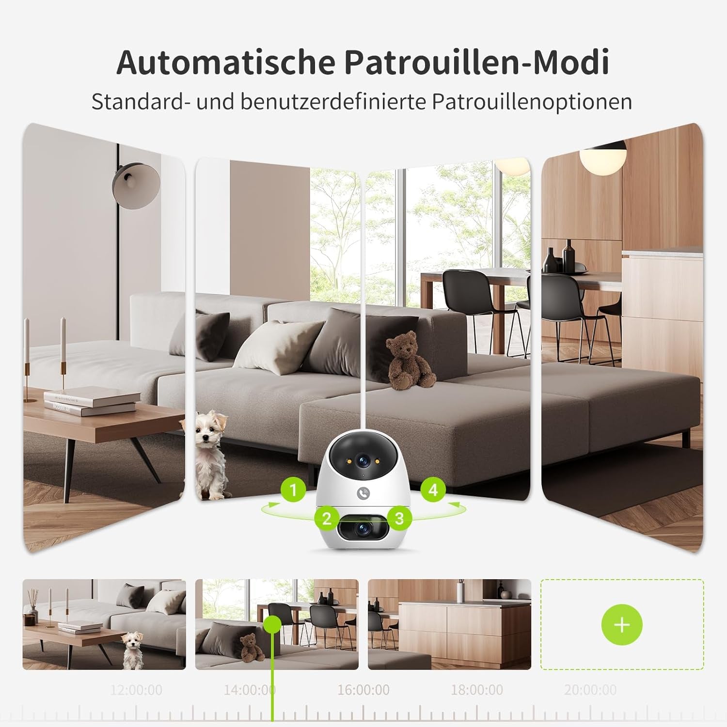 3K+3K (5MP+5MP) WLAN Kamera Mit Dual-Objektiv, Überwachungskamera Innen Mit Erkennung Von Person, Haustier Und Winkender Hand, Alexa Kamera Unterstützt Patrouillenmodus, 2-Wege-Audio D220