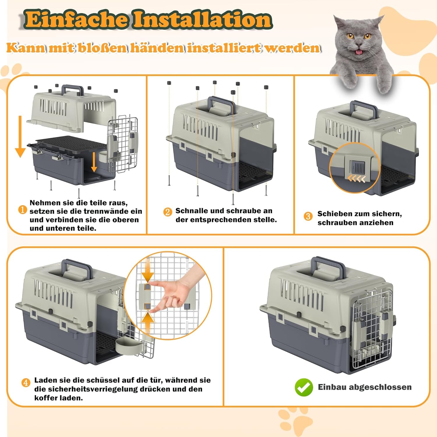 HENGMEI Transportbox Hundebox Hundetransportbox Kleine Hunde Und Katzen Kaninchen Kunststoff Katzenkorb Tiertransportbox Mit Tür Lüftungsschlitze Urinbarriere Schalen Und Tragegriff, 49.5×33.5×36Cm