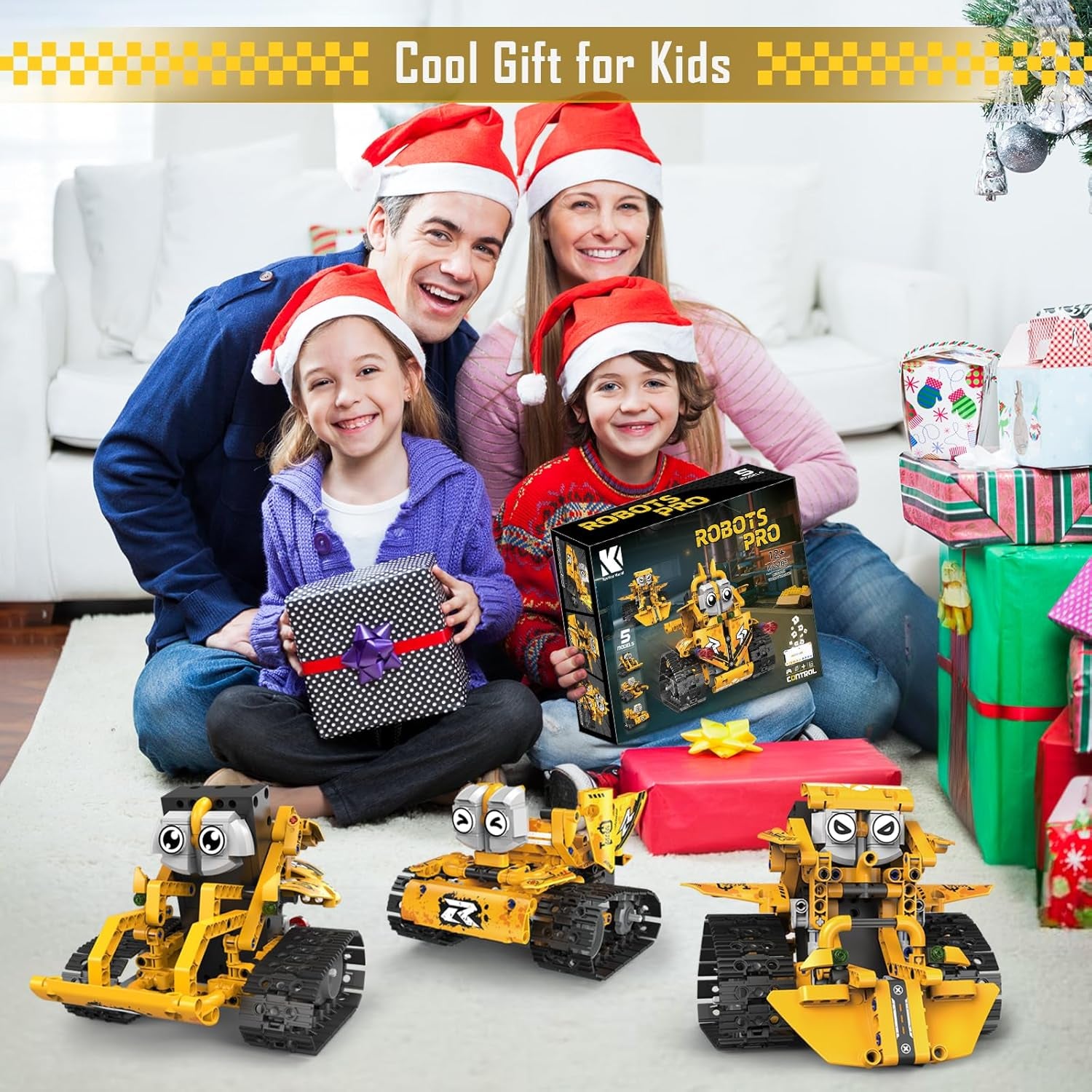 Ferngesteuerter Bausteinroboter, Ferngesteuerter Mehrfach-Wechselbaustein-Jedi-Rettungsteam, 5-In-1-App Und Ferngesteuerter Roboterpanzer-Geländewagen (Gelb)