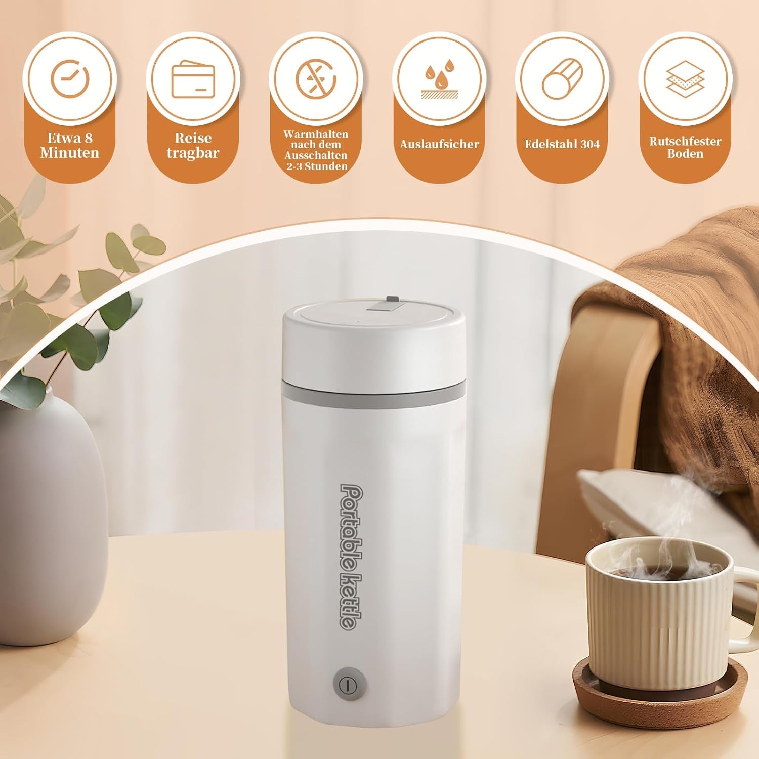 Elektrischer Reisewasserkocher Klein 500ML, Kleiner Wasserkocher Reise Schnelles Kochwasser Mini -Wasserkocher Tragbar 304 Edelstahl, Automatisches Schließen, for Tee, Kaffee, Babymilch,Elfenbeinweiß