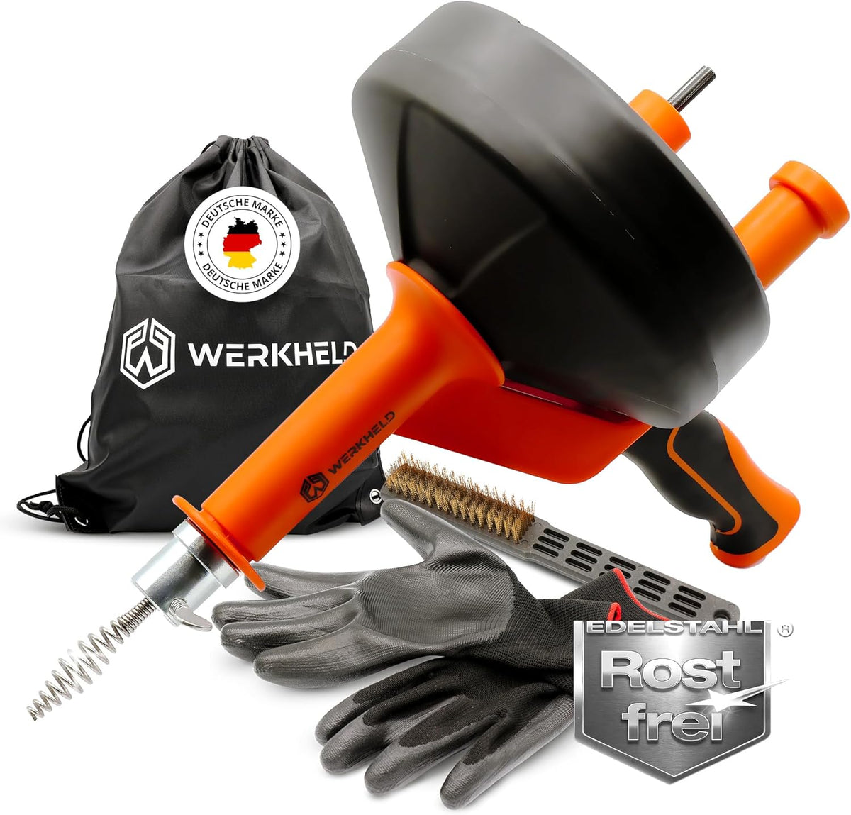 Rohrreinigungsspirale [7,5M] - Mit Bohraufsatz - Ideale Abflussspirale Für Umweltfreundliche Rohrreinigung - Edelstahl Rostfrei - Mit Handschuhen Und Reinigungsbürste