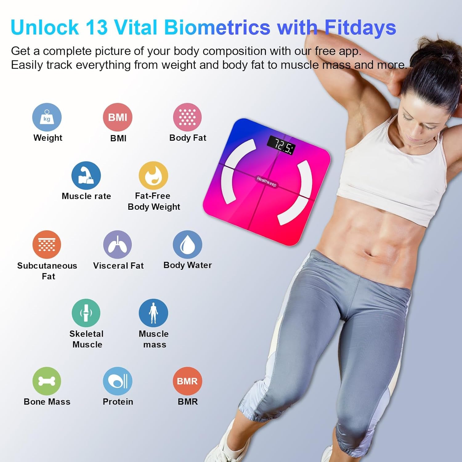 Personenwaage, Impedanzmesser, Bluetooth, Hohe Genauigkeit, Mit App, 13 Indikatoren Für Android Und Ios, Max. 180 Kg/400 Lb/28St, 28 X 28 Cm – Mehrfarbig