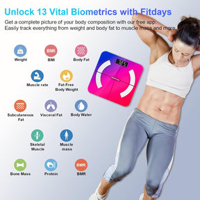 Personenwaage, Impedanzmesser, Bluetooth, Hohe Genauigkeit, Mit App, 13 Indikatoren Für Android Und Ios, Max. 180 Kg/400 Lb/28St, 28 X 28 Cm – Mehrfarbig